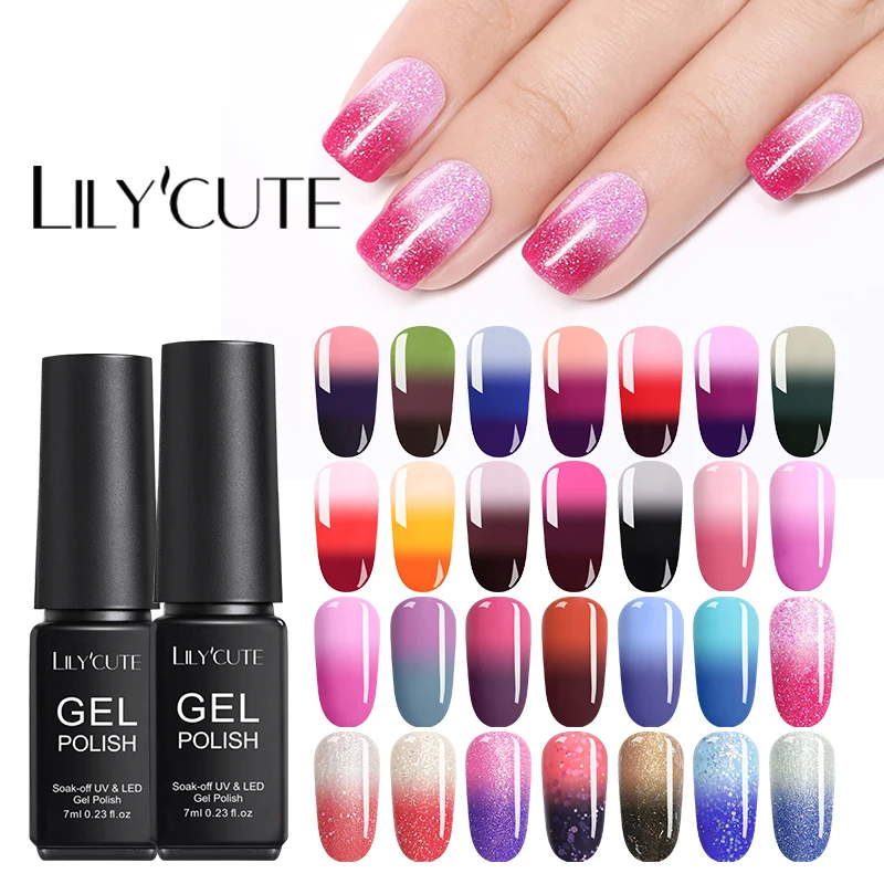 

LILYCUTE 7ml Nail Gel Polish Temperature Changing Color UV Gel Vernis Semi Permanent Gel Nail Polish 3 Colors Glitter Gel Nails