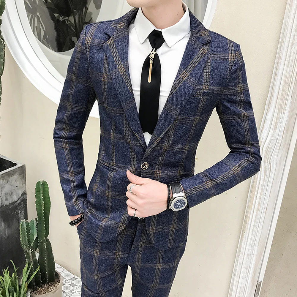 Cena Męskie garnitury Blazers formalne kratę w stylu Vintage garnitury ze spodniami 2 sztuka zestaw brytyjski mężczyzna smokingi Slim Fit biznes na co dzień ślubu pan młody