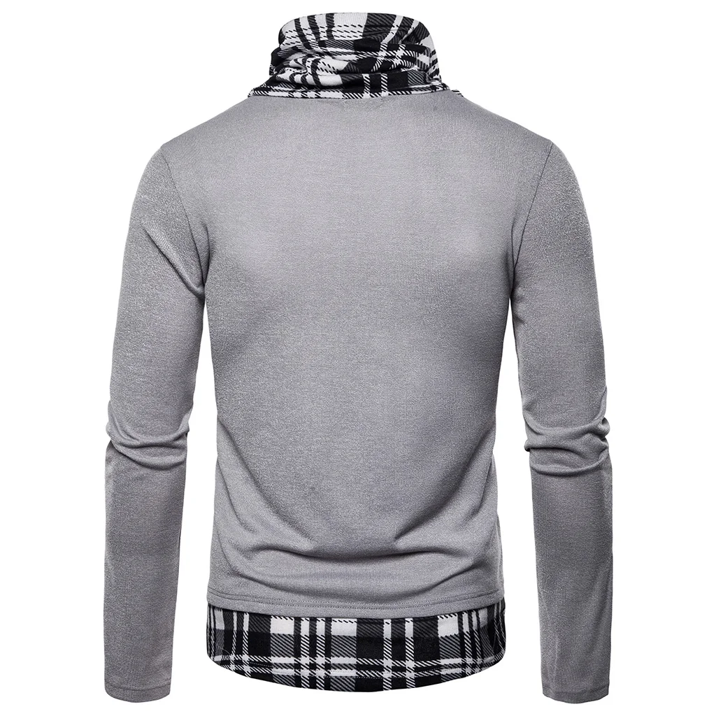 Puimentiua Men's Autumn Knit Sweater High Neck Long Sleeve Plaid Panel Knit Sweater Casual Slim Street Knit Sweater Top 2019