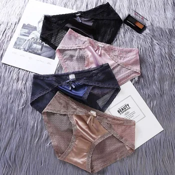 

Lingerie Sexy Panties Women Lace Low-rise Solid Sexy Satin Silk Briefs Ladies Underwear Hollow Out Tempting Panty