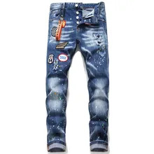 Pantalones vaqueros para hombre estilo Punk desgastados, desgastados, rasgados, pintura, marca italiana de moda, 1045