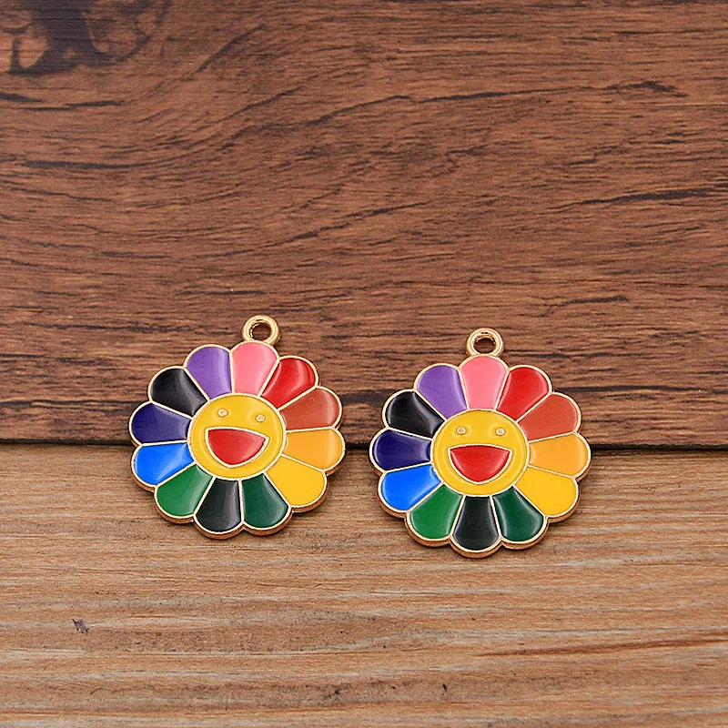 10Pcs 8 Styles Alloy Metal Drop Oil Rainbow Sun Flower Colorful Charms KC Gold Pendant For DIY Bracelet Necklace Jewelry Making