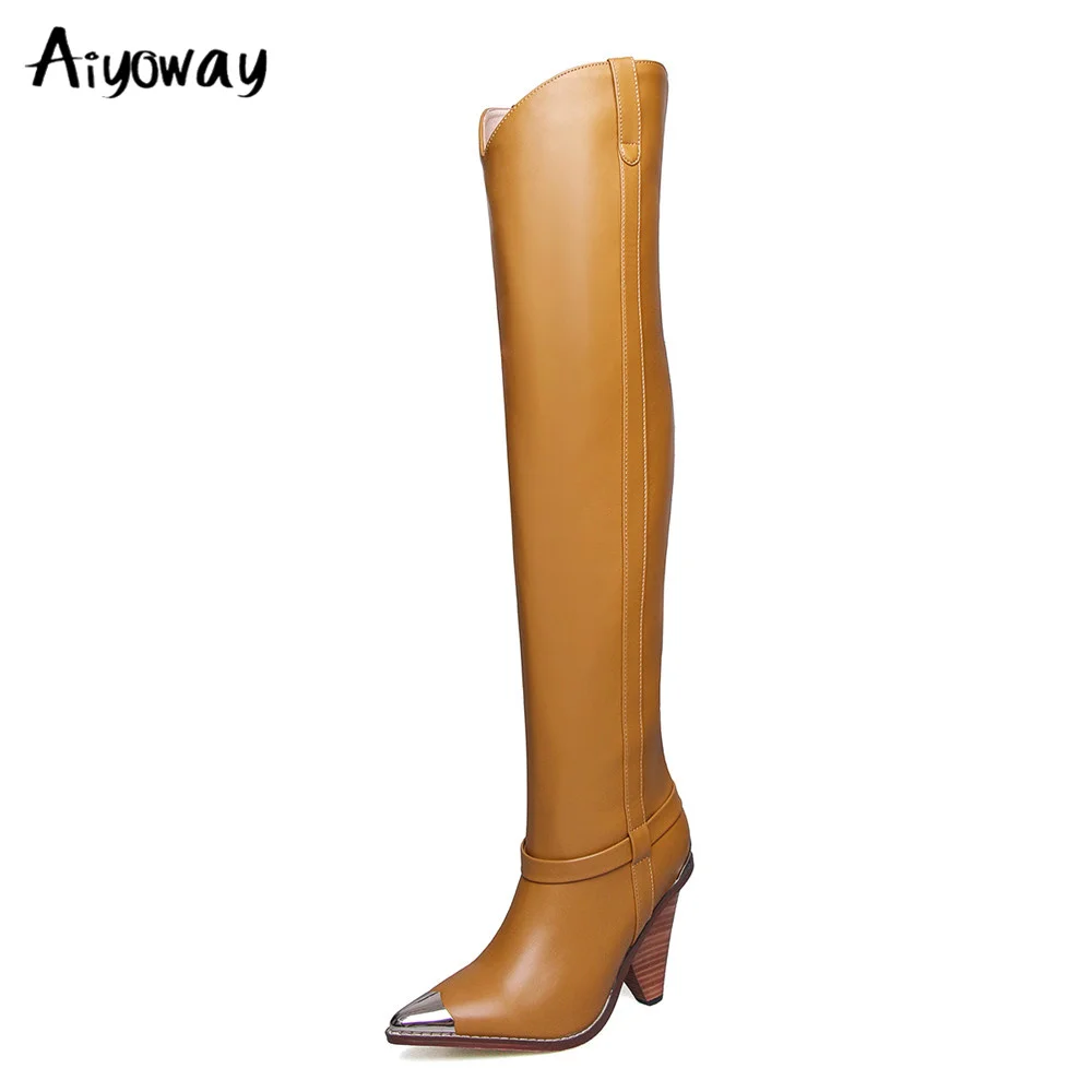 

New Genuine Leahter Boots Pointed Toe Women Metal High Heels Autumn Over The Knee Boots Sexy Ladies Shoes Size 34-44 Aiyoway