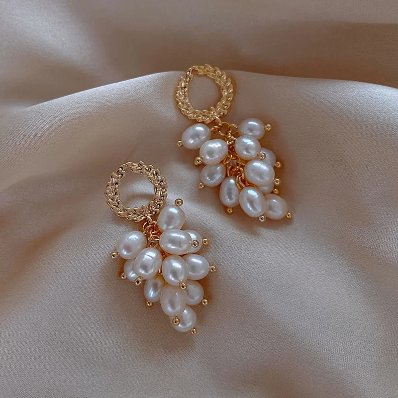 Dangle earrings,pearl earrings,drop earrings,crystal tassel earrings Elegant Leaf Circle Grape String Imitation Pearl Tassel Drop Earrings For Women Korean Pearl Beads Earring Party Wedding Jewelry