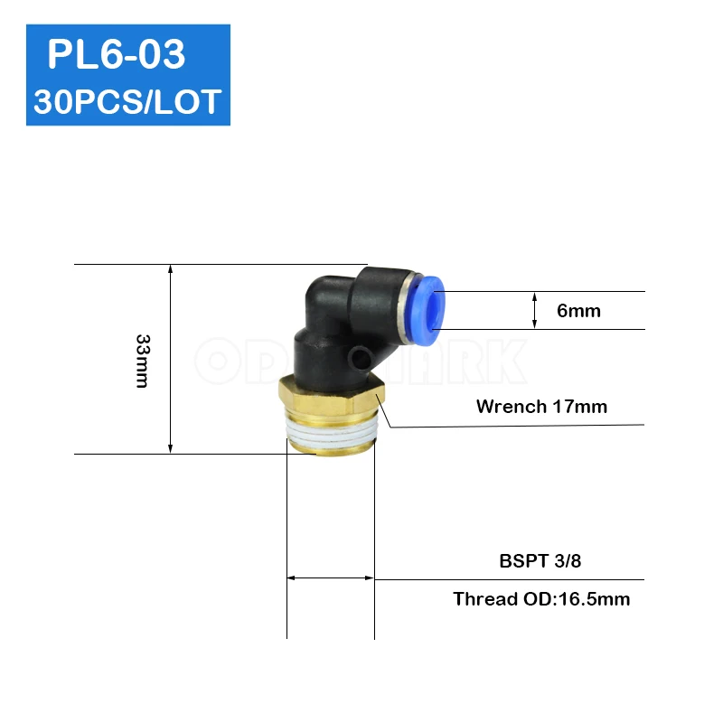 Free shipping 30 Pcs of PL6-03, 6mm Push In One Touch Connector 3/8" Thread Pneumatic Quick Fittings