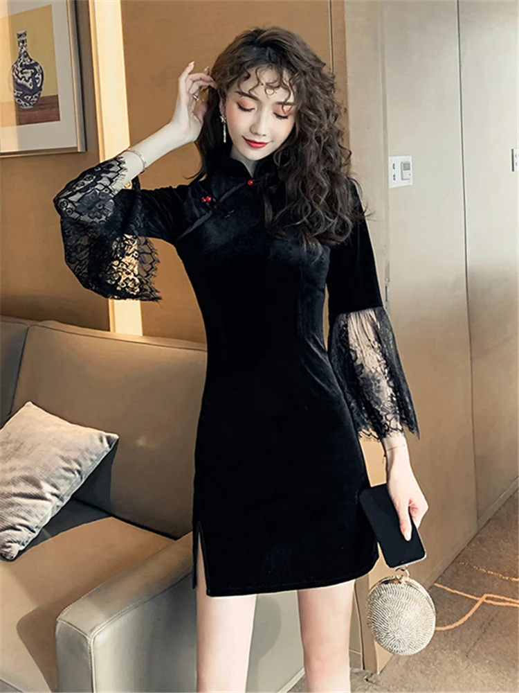 new Chinese style autumn long sleeve dress elegant Women's Clothing black bodycon dresses mesh flare sleeve vestidos vintage