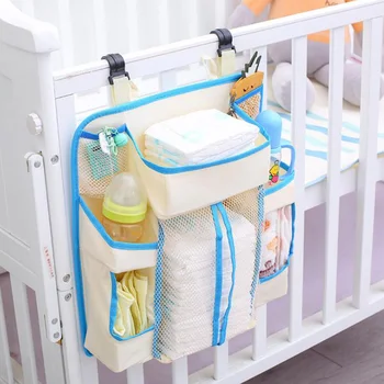 

Baby Bed Hanging Storage Bag Toy Diapers Pocket Portable Bedside Table Infant Bedding Organizer Blue Edge Diaper Storage Bag