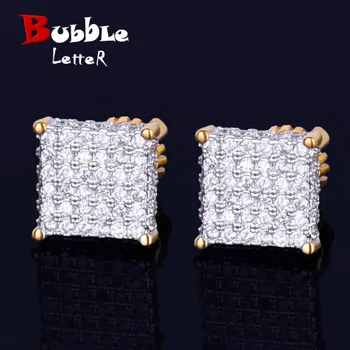 

8MM Small Stud Earring Square Charm Screw Back Full Zircon Men's Women Silver Color Earrings Fashion Hip Hop Jewelry