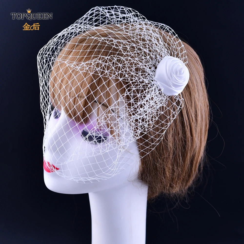 Handmade Birdcage Veil Blusher Veil White Ribbon Flower Headband Bridal Hair Accessories Face TOPQUEEN VA02