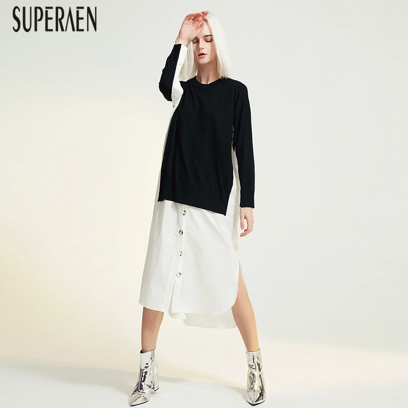 

SuperAen Europe Knit Dress Women Autumn New 2019 Casual Ladies Dress Long Sleeve Solid Color Fashion Women Clothing