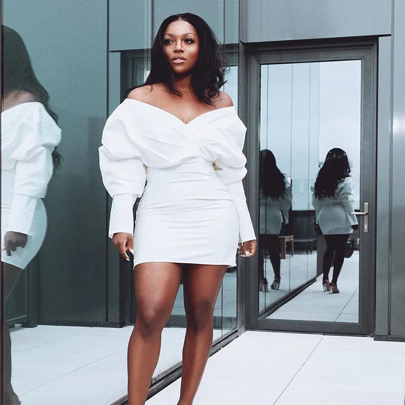 

Elegant Off Shouler White Bodycon Dress Women Slash Neck Lantern Sleeve Club Mini Dress Christmas Wedding Bandage Party Dresses