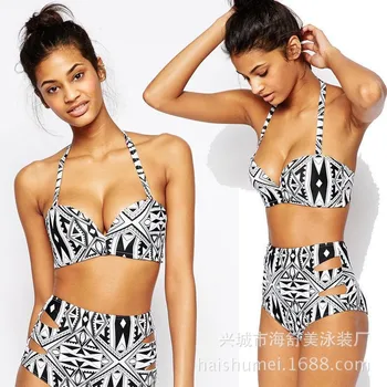 

New Style WOMEN'S Seperated Swimwear Europe And America Bikini Black And White Geometry High-waisted Sexy Swimwear
