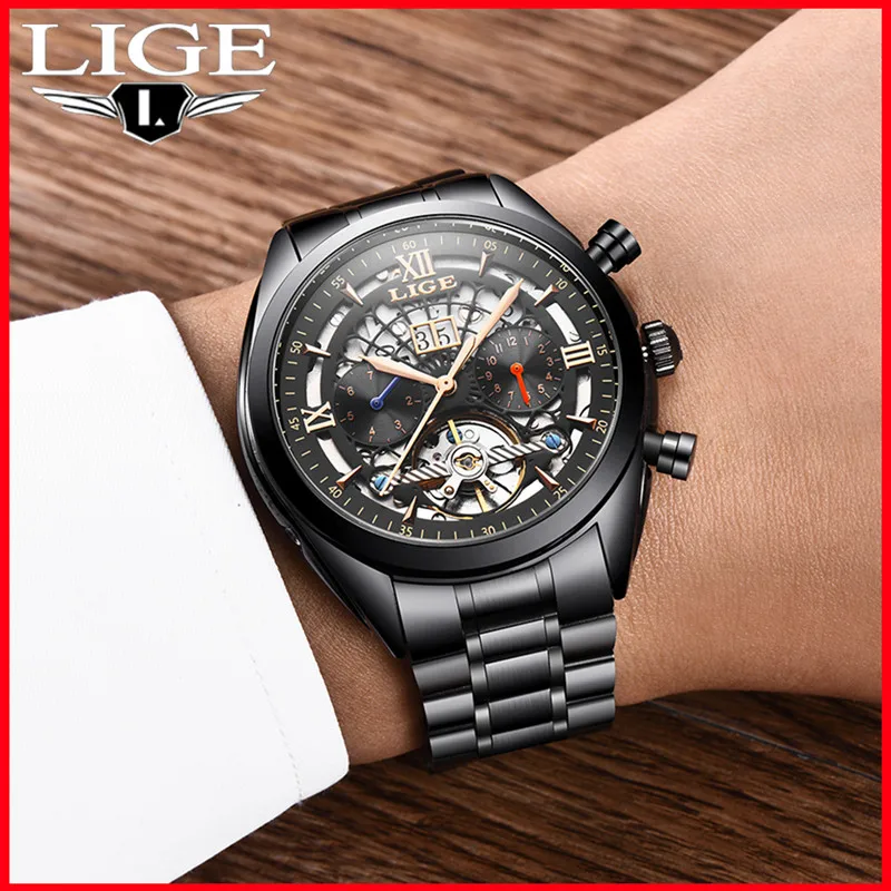 

LIGE Brand Top Luxury Waterproof Automatic Watches Mechanical Tourbillon Date Dial Stainless Steel Strap Mens Watch Reloj Hombre