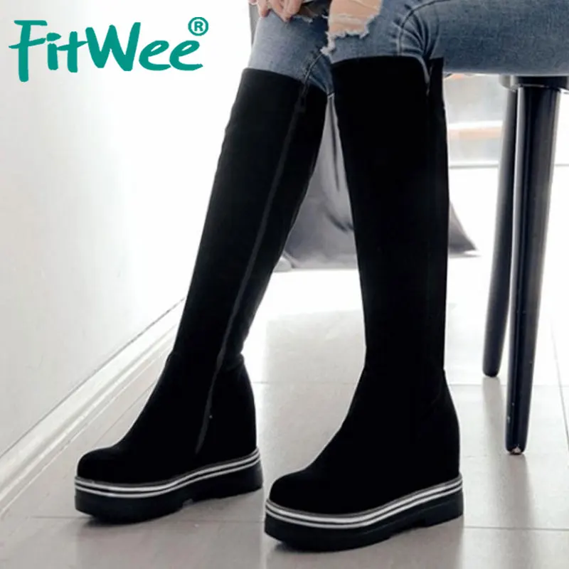 FITWEE/размеры 32-43; ботинки на платформе; женская зимняя обувь; сапоги до колена на танкетке; теплые высокие сапоги на меху; модная пикантная женская обувь