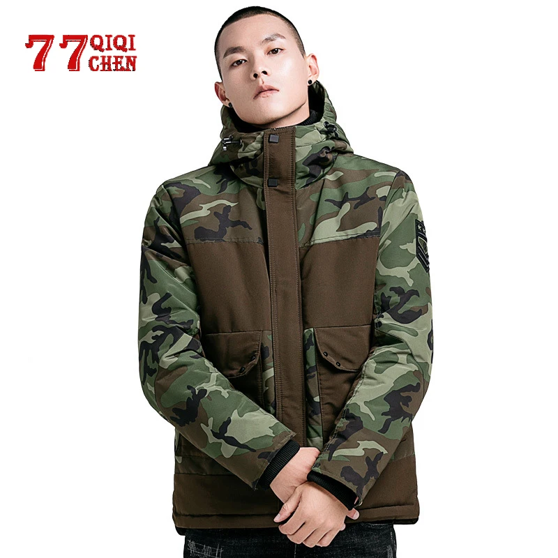 Green camouflage Мужская Зимняя Толстая теплая парка камуфляжная куртка с капюшоном пальто Мужская Военная Тактическая молния карман пальто куртки ветровка - Цвет: Green camouflage