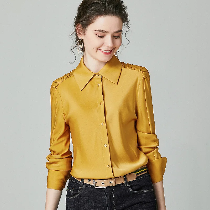 

Flare Sleeve Yellow 100% Pure Heavy Silk Blouses Spring Red Shirt Office Ladies Tops Luxury High Quality Women Clothes blusas za