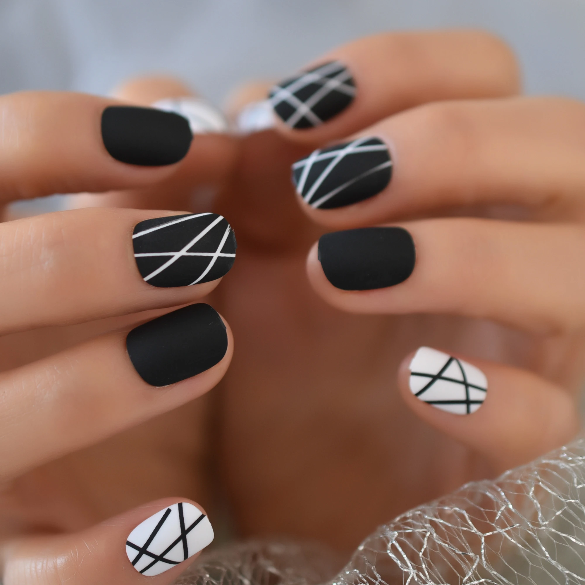 Black Matte Round False Nails Line Pattern Matte Artificial Nails Short Full Cover White 24pcs Faux Ongles - False Nails - AliExpress black-matte-round-false-nails-line-pattern-matte-artificial-nails-short-full-cover-white-24pcs-faux-ongles-false-nails-aliexpress