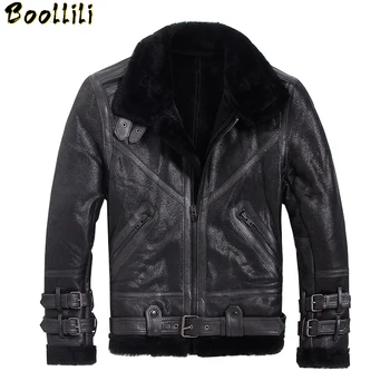 

Boollili Mens Leather Jacket Winter Sheepskin Coat Short Genuine Leather Motorcycle Sheep Shearling Jacket for Men Wool Lining