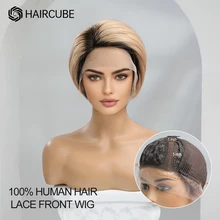 

HAIRCUBE Ombre Blonde Short Human Hair Wig for White Women Side Parted 13*1 Human Hair Lace Frontal Wig Straight Bob Wigs