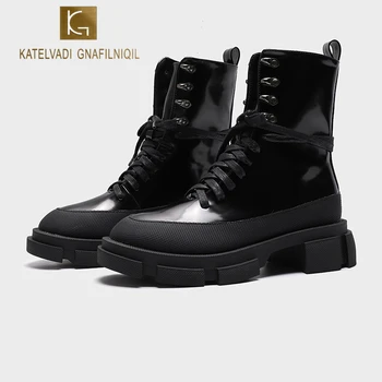 

KATELVADI Women Motorcycle Boots Real Leather Round Toe Patent Leather Lace Up Shoes Women Black Ankle Boots Size 35-40 YLT-002