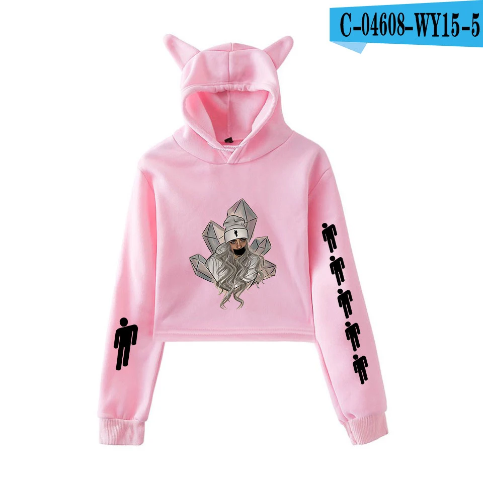 Billie Eilish kpop одежда толстовки Женская кепка с кошачьими ушками толстовки harajuku укороченный топ с капюшоном женские толстовки Толстовка Сексуальная - Цвет: pink