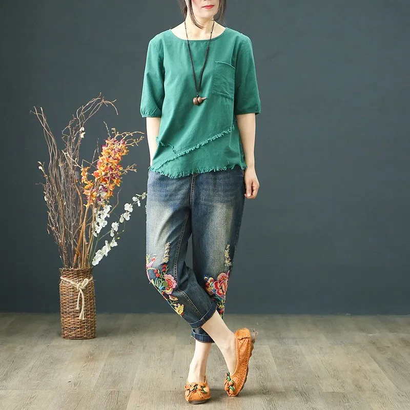 Autumn Vintage Elastic High Waist Jeans Embroidery Lace Up Boyfriend Ripped Jeans Women Straight Denim Pants