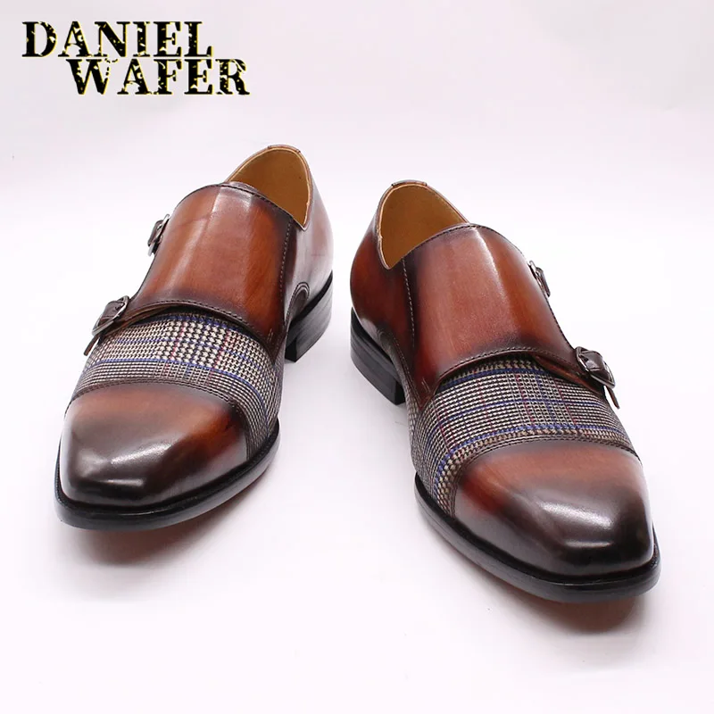 Роскошные мужские лоферы в мозаичном стиле; тканевые туфли в клетку с двойным ремешком; слипоны с закрытым носком; цвет коричневый, черный; Повседневные Мужские модельные кожаные туфли