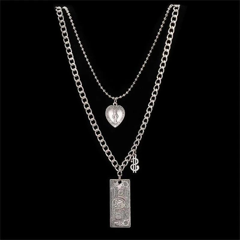 

double-layer necklace hip-hop female Dollar coin heart-shaped Pendant Silver Metal Long Chain Necklaces For Women Men Jewelry