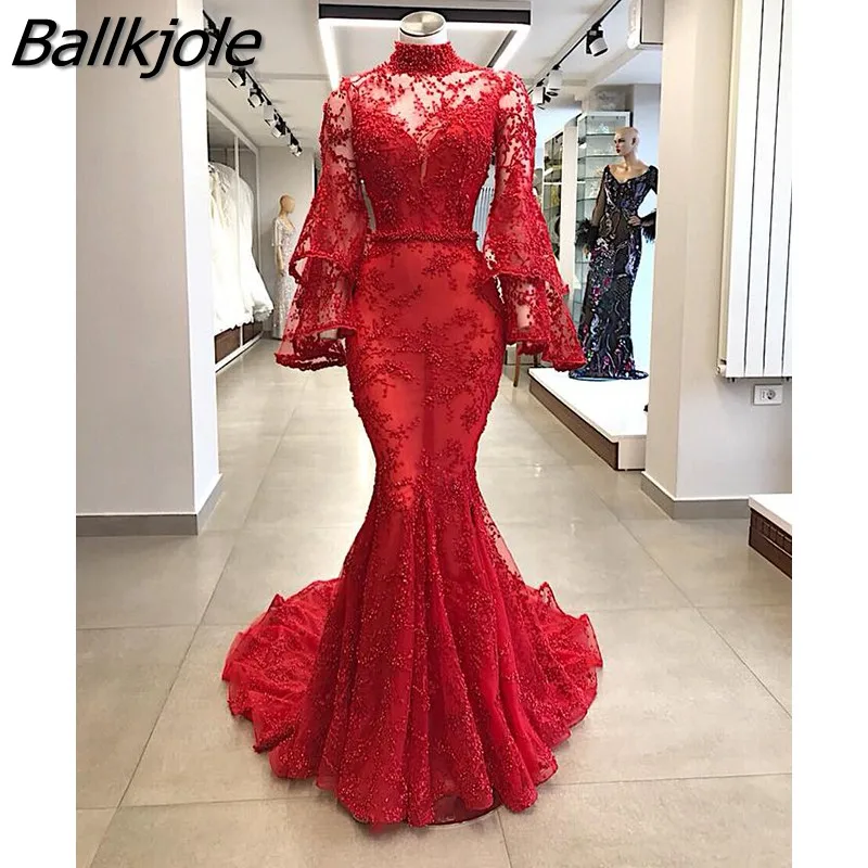 Ballkjole с длинными рукавами, с высоким воротом, кружевное красное сексуальное элегантное вечернее платье, Русалка, жемчуг, расшитый бисером, рукава, платье для выпускного вечера