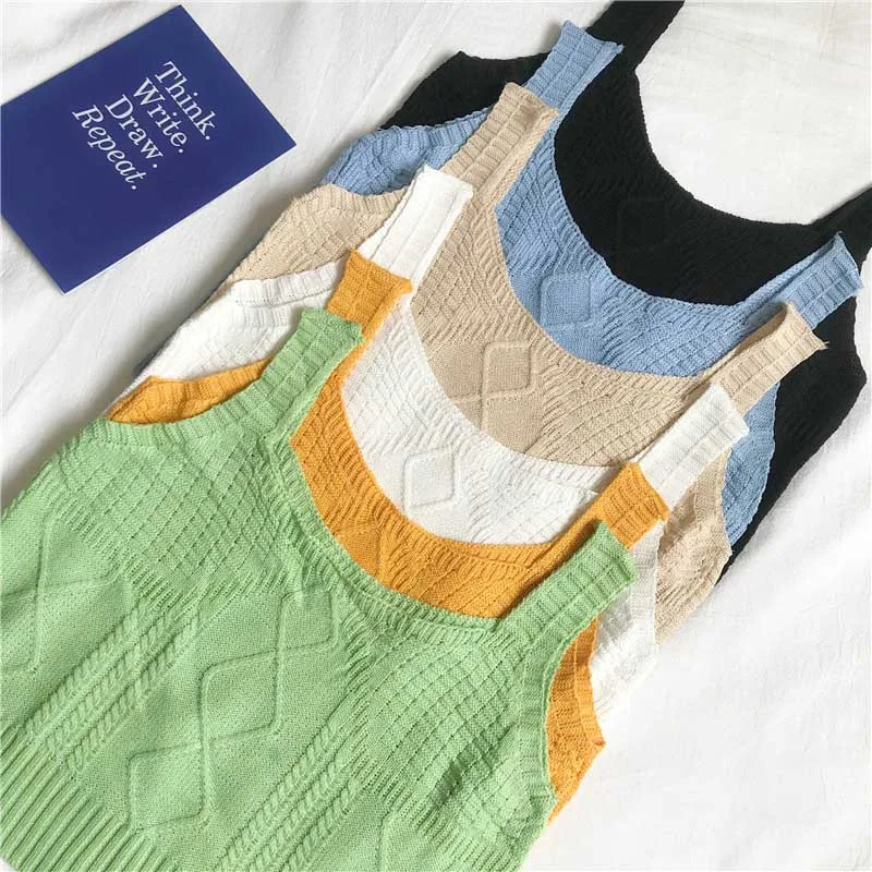 

Sweet Sexy Women Solid Color Sleeveless Small Sling Thin Short Vest Knit Top