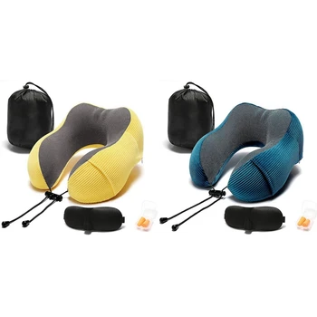 

2 Set Travel Pillow Memory Foam with 360-Degree Head Support Comfortable Neck Pillow-Yellow & Blue
