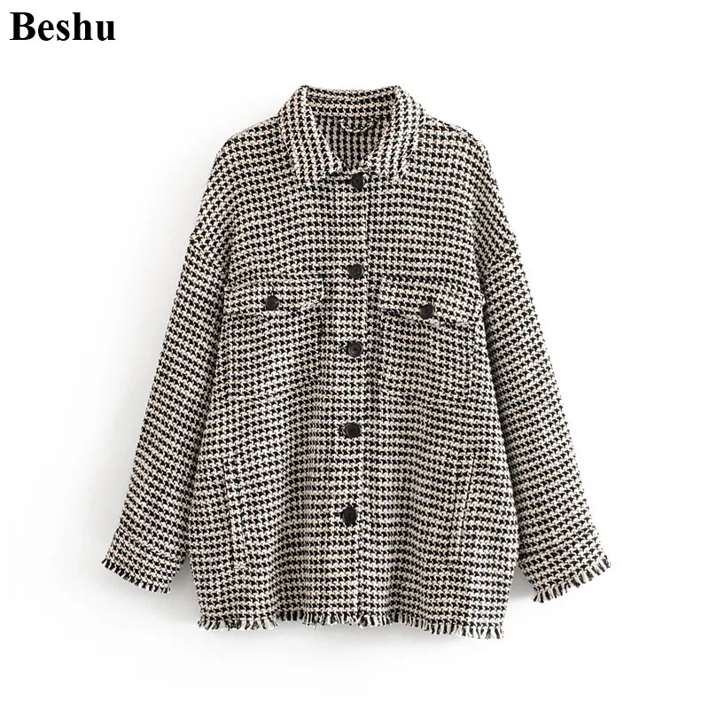 Женская твидовая рубашка za Повседневная клетчатая с бахромой и узором гусиная