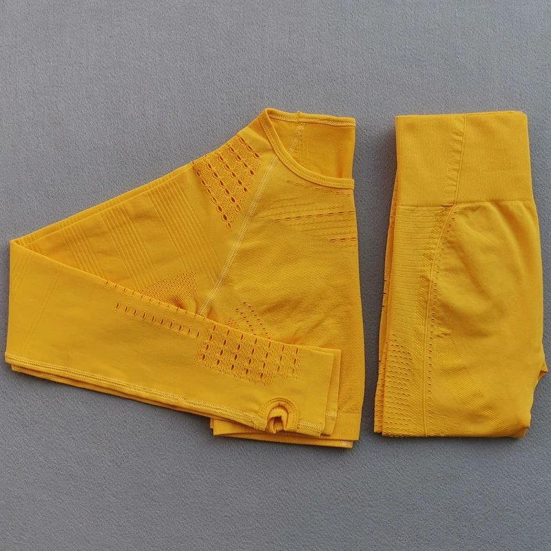 

Women Knit Seamless Yoga Sets High Waist Gym Mesh Leggings Long Sleeve Workout Sport Running Sportswear 2 PCS Yoga Suits