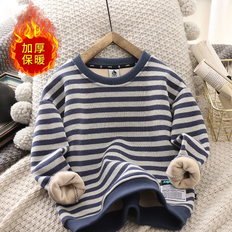 Boys' Fleece-Lined Sweater New Children's Stripe Thickening Warm Medium and Big Children's Boy Bottoming Shirt Long-Sleeved Top kids sweater kids hoodie sweatshirts