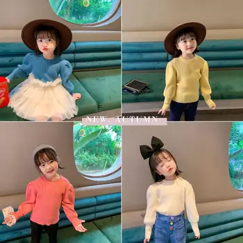 

2020 autumn new girls sweater children solid color round collar long sleeve tops