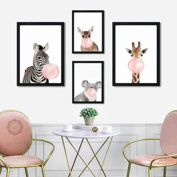 

Animal Style Bubble Chewing Gum Giraffe koala Zebra Canvas Painting Posters And Prints Wall Pictures For Living Room Decor
