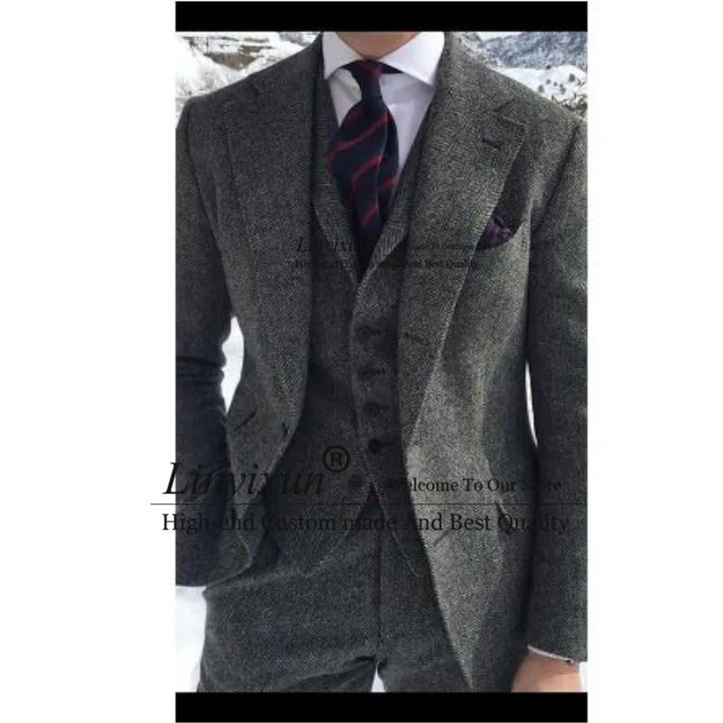 

Herringbone Tweed Grey Men Suit Formal Business Groom Wedding Suits For Men Ternos Tweed Jacket 3 Piece Men Tuxedo 2020