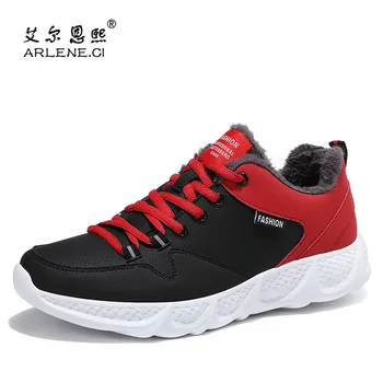 

Winter Running Shoes Men Plus Size 48 Warm Sneakers with Fur Leather Cushioning Sports Shoes Man Black Fitness Athletic Trainers
