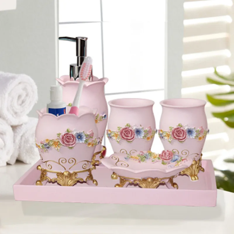 Pink Romance Wedding Bathroom Set-Soap Dispenser-Toothbrush Holder-Mouth Cup Home Dicoration 5-6pcs/Set Restroom Accessories Kit