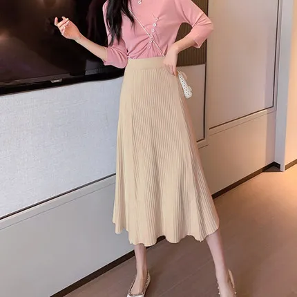 Женская Осенняя драпированная вязаный край плиссированная элегантная длинная юбка зимние Утепленные Юбки-миди трапециевидной формы винтажная эластичная высокая талия - Цвет: khaki