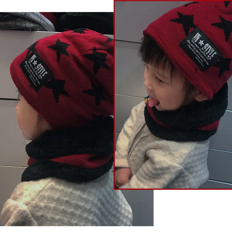 Толстый вязаный шерстяной детская шапка; Осенняя детская до 7 лет плюшевые шапки и шарфа комплект зимние теплые шарф для мальчика, девочки воротник малыше