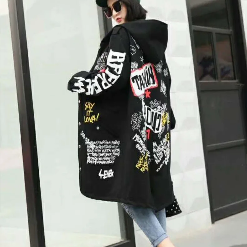 Autumn And Winter New Style Popular Brand WOMEN'S Dress Lettered Figure According to Joint Hooded Long Sleeve Trench Coat