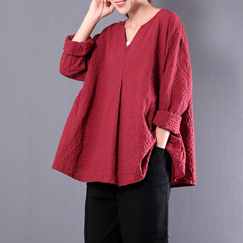 LZJN Women Plaid Shirts Cotton Blouses 2019 Autumn New Casual Female Clothing Tops Vintage 3 Color V Neck Shirts Plus Size (11)