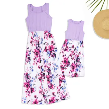 

PatPat 2020 New Summer Mommy and Me Solid Stitching Printed Tank Dresses Matching Outfits Sleeveless Dresses Purple Color