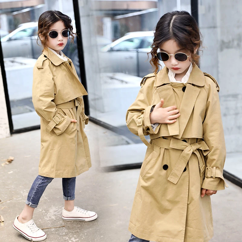 

School Clothing Teenage Girls Jackets Long Big Girls Coat With Sashes Trend Coats Autumn 2019 Children Outwears Clothing