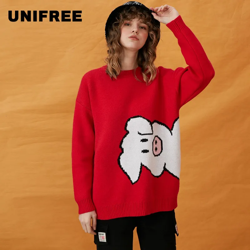 

UNIFREE 2019 Autumn and winter new arrival sweater women red color simple loose with print fashion korean style women UBB191K056