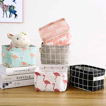 

Desktop Storage Basket Cute Flamingo Waterproof Organizer Cotton Linen Sundries Storage Box Cabinet Underwear Storage Bag