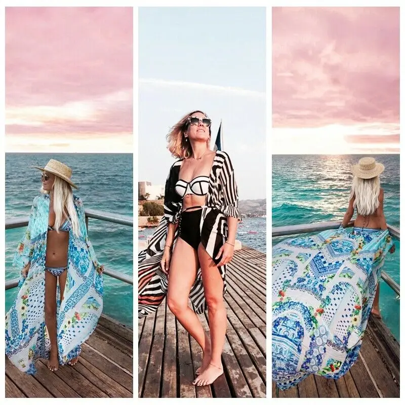 

Summer Women Beach Cardigan Bikini Cover Up Fashion Women Printing Chiffon Swimsuit Cover-Ups Sarong Outfit Long Dress