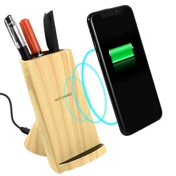 

Multi-Function Wireless Quick Charging Pen Holder Wood Grain Wireless Charger 10W 2In1 Coil Storage Charging Multiple Protection