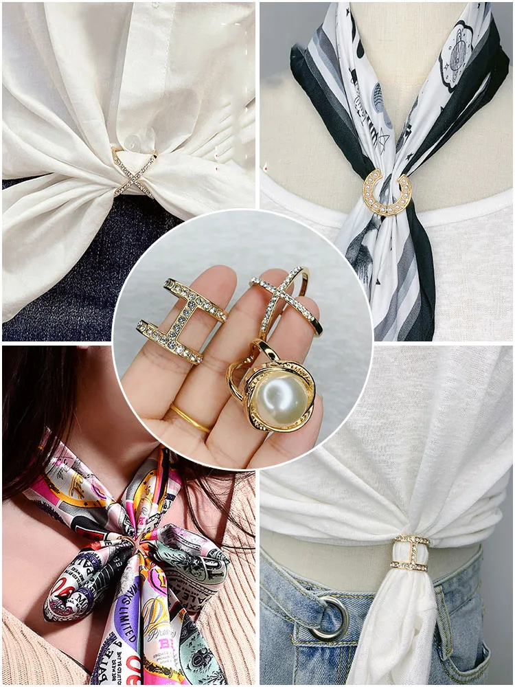 Pearl Brooches Women Square Scarf Buckle Geometry Cross Brooch Pin Metal Ring Clothing Accessories